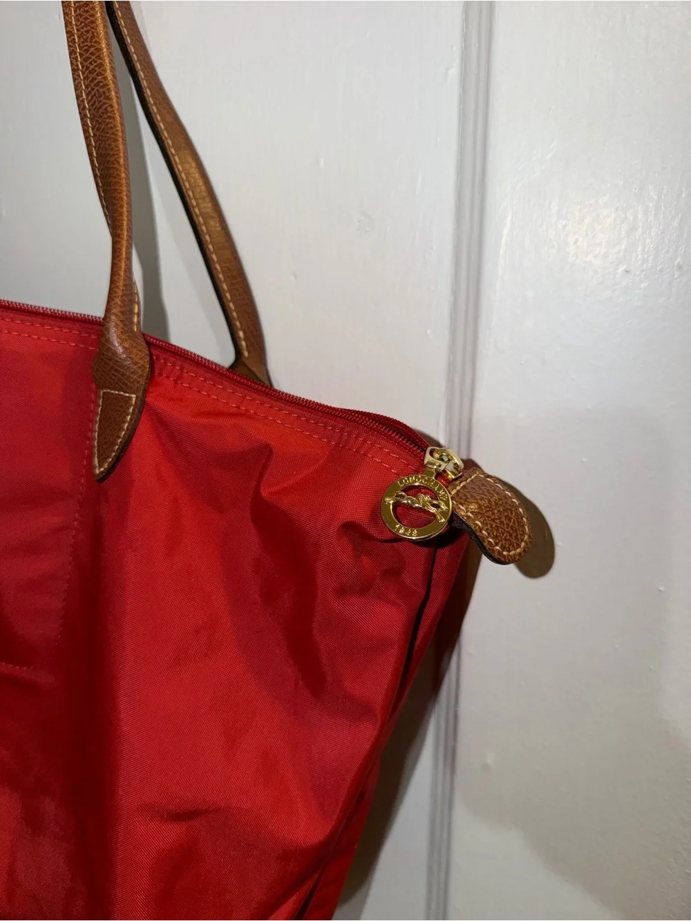 Longchamp Coral Tote with Brown Leather Trim